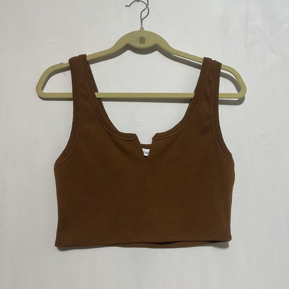 Blanc‎ de Blanc Tank Sweater Womens L Brown Stretch Cropped Split Neck Pullover